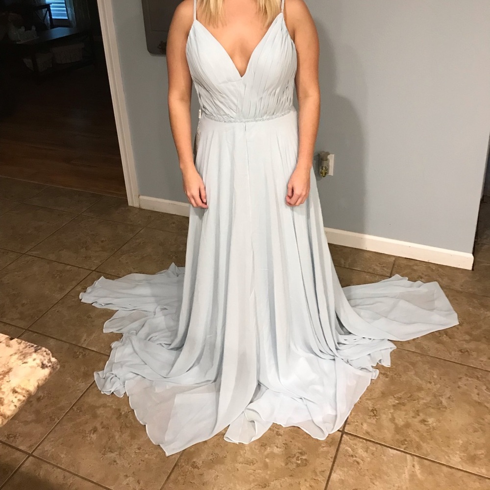 Long, Flowy light blue bridesmaids/prom dress